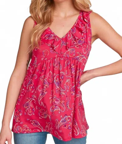 Haptics Floral Paisley Vneck Ruffle Babydoll Tank Top In Fuchsia In Pink