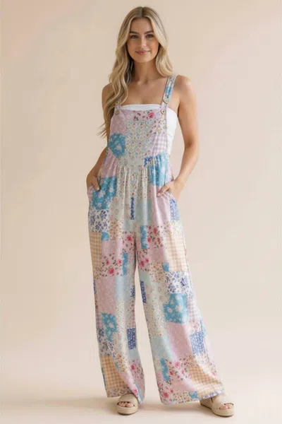 Haptics Floral Patchwork Wide Leg Bib Jumpsuit In Pink/aqua In Multi