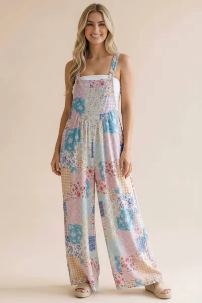 Haptics Floral Patchwork Wide Leg Bib Jumpsuit - Plus In Pink Multi