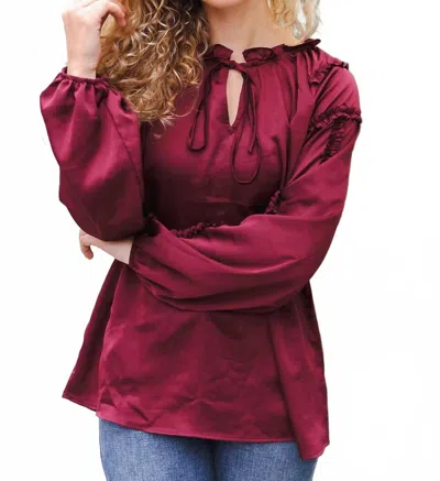 Haptics Frilled Mock Neck Satin Top In Burgundy In Brown