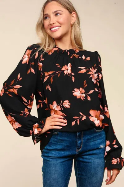 Haptics Frilled Mock Neck Western Blouse In Floral In Multi