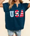 Haptics Give Me Liberty Boxy Short Seeve V-neck Tee In Blue In Blue