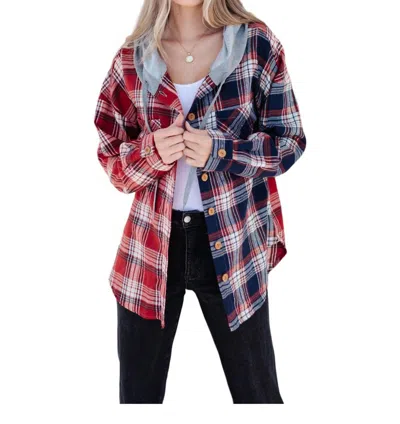 Haptics Hooded Flannel Sweatshirt In Red And Navy Plaid In Multi