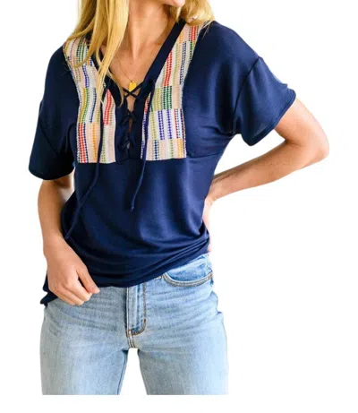 Haptics Laid Back Lace Up Top In Navy In Blue