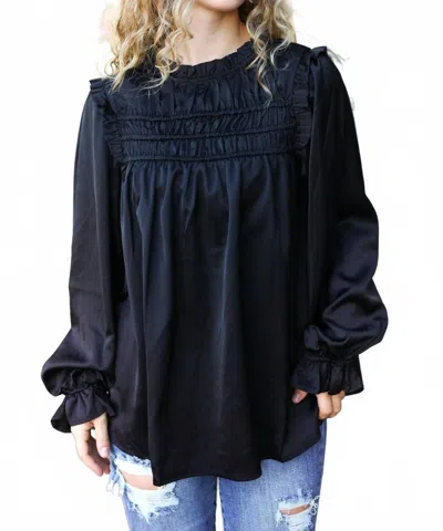 Haptics Mock Neck Satin Long Sleeve Blouse In Black In Blue