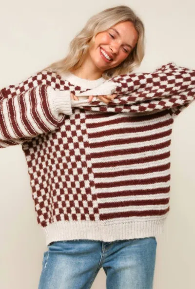 Haptics Oversize Checker Stripe Pullover Sweater Top - Plus In Caramel/ivory In Multi