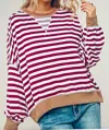 Haptics Oversized Long Sleeve Crew Sweater In Red/ Sand In Multi