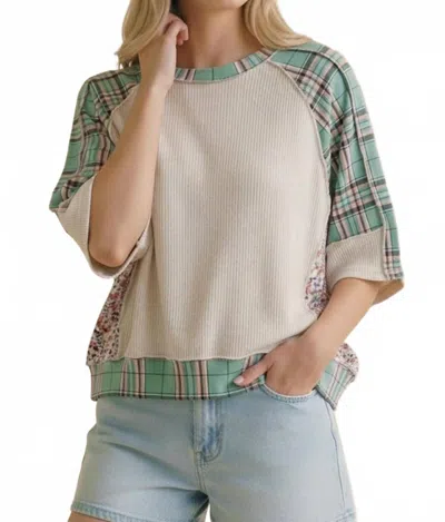 Haptics Oversized Plaid And Floral Color Block Top In Teal In Multi