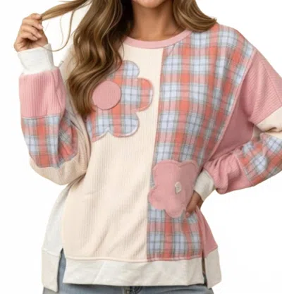 Haptics Plaid Woven Solid Textured Knit Pullover Sweater In Cream/ Dusty Rose In Neutral
