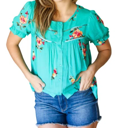 Haptics Remember Me Embroidery Button Down Top In Turquoise Floral In Multi
