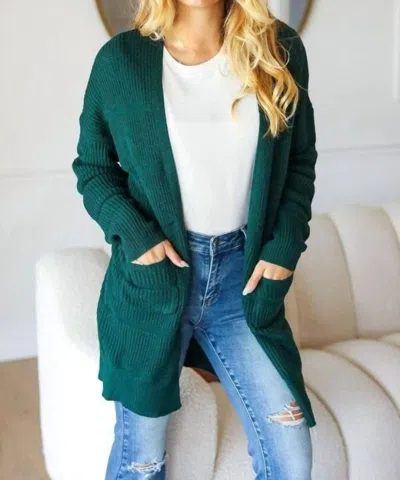 Haptics Stripe Textured Open Cardigan With Pockets In Green