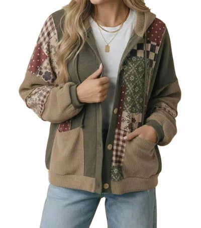 Haptics Vintage Patchwork Hooded Shacket In Olive In Brown
