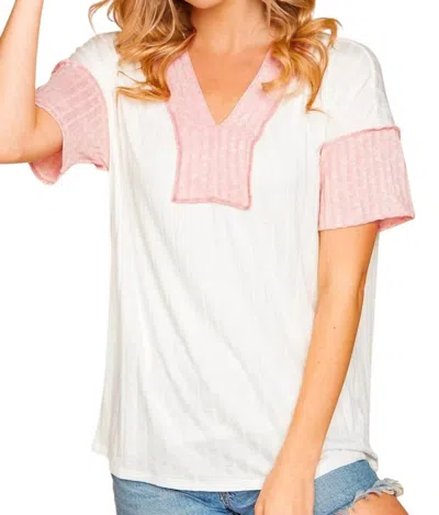 Haptics Vneck Short Sleeve Top With Pink Detail In White In Multi