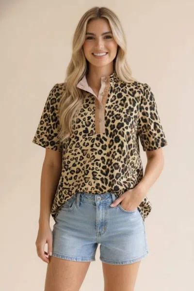 Haptics Women's Mock Neck Half Band Button Down Leopard Top In Yellow Black In Brown