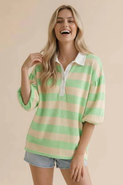 Haptics Women's Stripe Button Down Bubble Sleeve Knit Top In Mint/oatmeal In Green