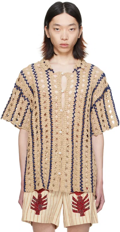 Harago Beige & Navy Striped Shirt In Tan