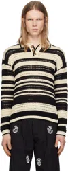 Harago Crochet Long Sleeve Polo Shirt In Black / White