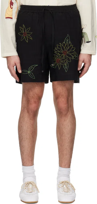 Harago Black Sunflower Embroidered Shorts