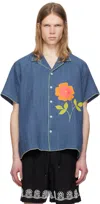 Harago Flower Applique Shirt In Indigo