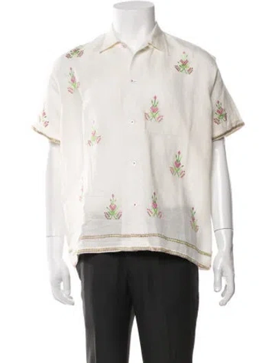 Pre-owned Harago Linen Floral Print Shirt In White
