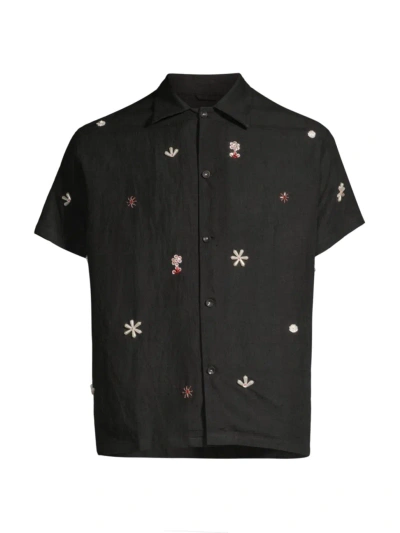 Harago Men's Craft Heritage Embroidered Linen Button-front Shirt In Black