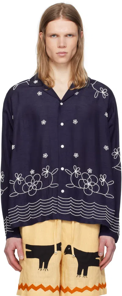 Harago Navy Bead Embroidered Shirt In Indigo
