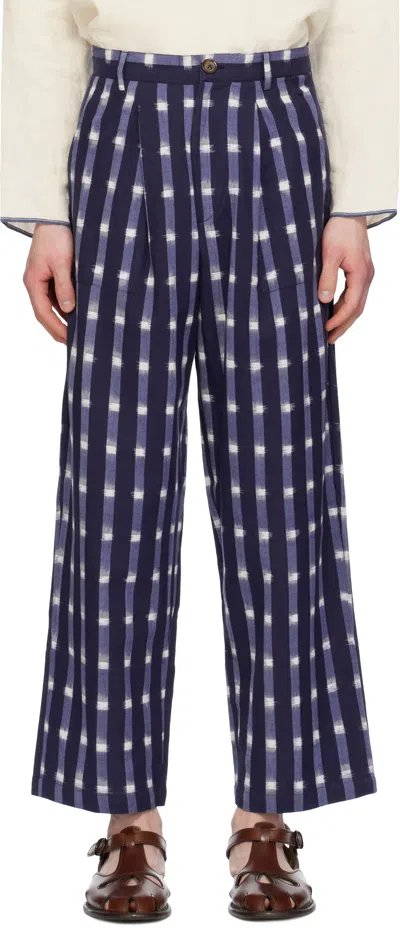 Harago Navy Ikat Wide Leg Pleated Trousers In Blue
