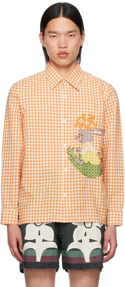 Harago Orange & Off-white Cross-stitched Shirt