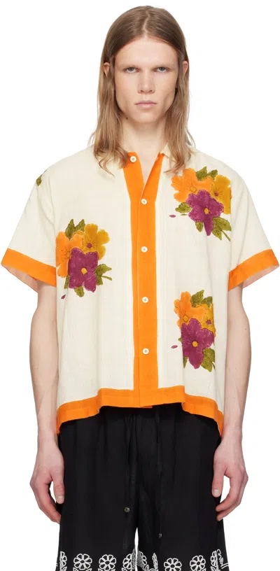 Harago White & Orange Block Printed Shirt