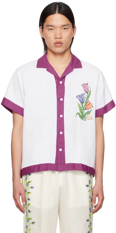 Harago White & Purple Cross-stitched Shirt In Off White