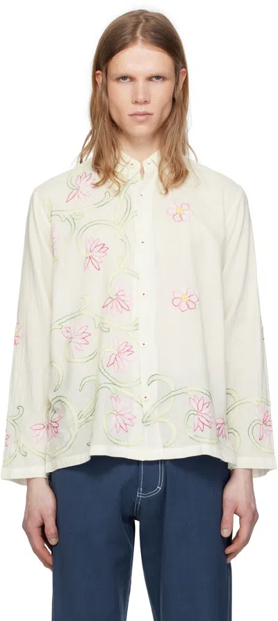 Harago White Embroidered Floral Shirt