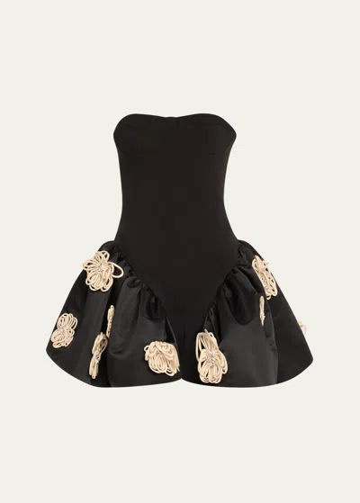 Harbison Flora Cyclone Floral Applique Peplum Backless Mini Dress In Black Alabaster B