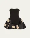 Harbison Flora Cyclone Floral Applique Peplum Backless Mini Dress In Black Alabaster Bka