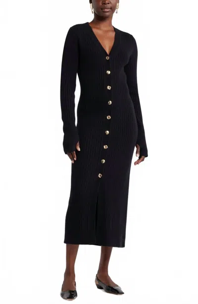 Harbison Long Sleeve Rib Midi Sweater Dress In Black