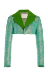 Harbison Quantum Cropped Brocade Blazer In Green