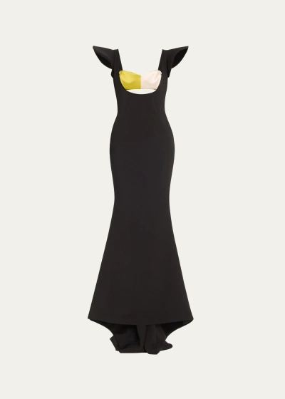 Harbison Thalia Colorblock Backless Trumpet Gown In Black Vanilla Avo