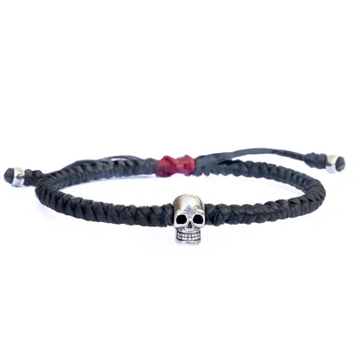 Harbour Uk Bracelets Black / Red Skull Silver Bracelet For Men - Black & Red Handmade Rope - Biker In Multi