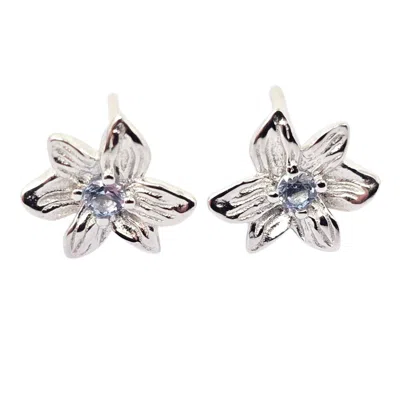 Harfi Women's Blue / Silver Aquamarine March Birthstone Daffodil Birthflower Sterlling Silver Stud Earring In Metallic