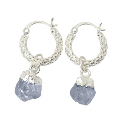 Harfi Women's Blue / Silver Raw Sapphire September Birthstone Huggie Hoops Sterling Silver Gemstone Earrin