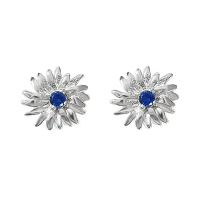 Harfi Women's Blue / Silver Sapphire September Birthstone Aster Birthflower Sterling Silver Stud Earrings In Gray