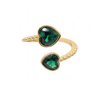 Harfi Women's Double Heart Emerald May Birthstone Adjustable Gold Plated Ring