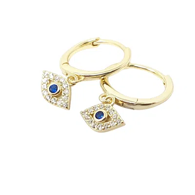 Harfi Women's Gold / Blue Minimalist Small Evil Eye Charm Dainty Hoop Earrings In Multi