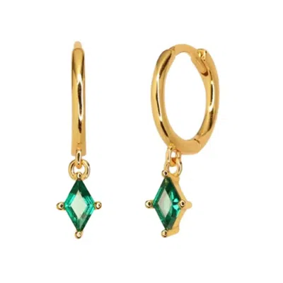 Harfi Women's Gold / Green Delicate Dangle Emerald May Birthstone Hoop Earrings In Multi