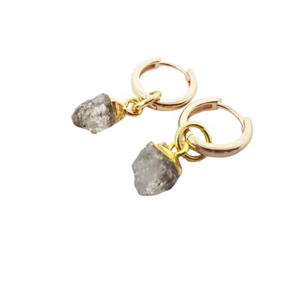 Harfi Women's Gold / Grey Raw Herkimer Diamond April Birthstone Gold Plated Huggies In Multi