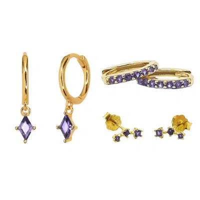 Harfi Women's Gold / Purple Amethyst February Birthstone Earrings Gift Set For Her In Multi