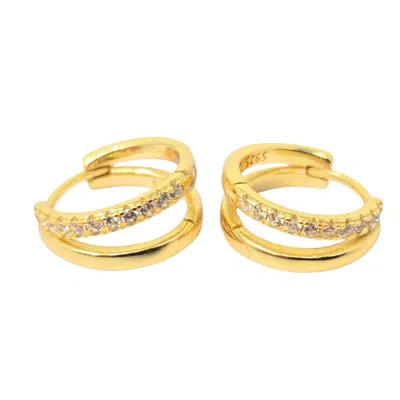 Harfi Women's Gold / White Diamond April Birthstone Double Hoop Small Huggie Gold Plated Earrings