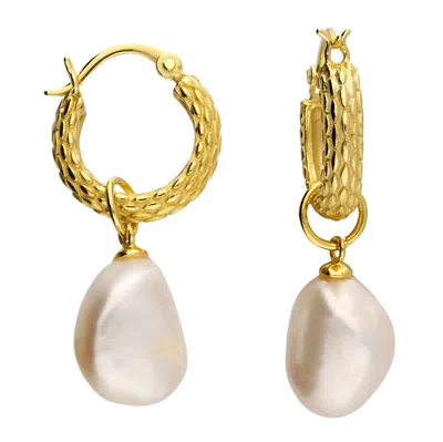 Harfi Women's Gold / White Elegant Gold Plated Basket Weave Hoop Earrings With Freshwater Pearl Charm
