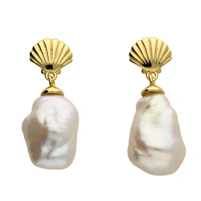Harfi Women's Gold / White Gold Plated Shell Stud With Natural Keshi Pearl Drop Modern Earrings