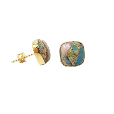 Harfi Women's Gold / Yellow Gold Plated  Opal And Turquoise Gold Plated Gemstone Stud Earrings