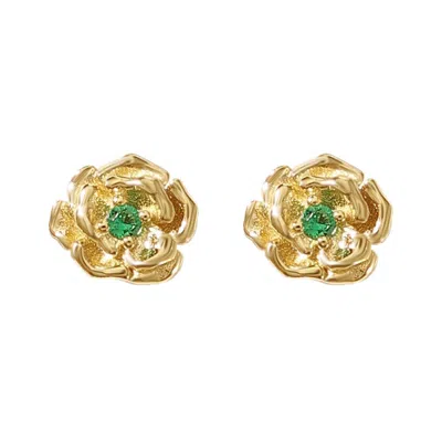 Harfi Women's Green / Gold Emerald May Birthstone Hawthorn Birthflower Gold Plated Stud Earrings In Multi